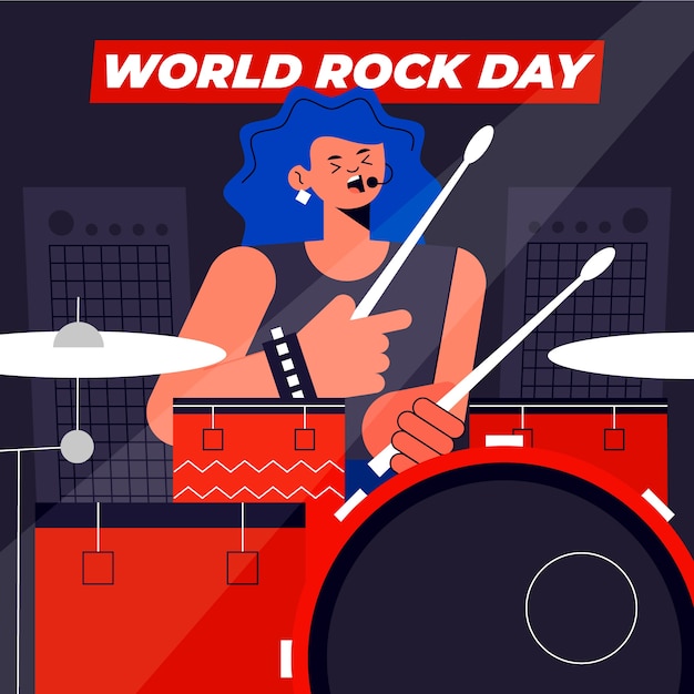 Kostenloser Vektor flache world rock day illustration mit musiker, der schlagzeug spielt
