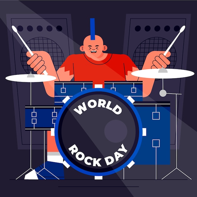 Kostenloser Vektor flache world rock day illustration mit musiker, der schlagzeug spielt