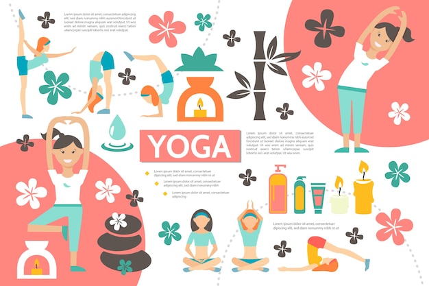 Flache yoga-infografik-vorlage mit mädchen, die in verschiedenen fitness-posen bambus-spa-kosmetikprodukte blumensteinkerzenillustration ausüben