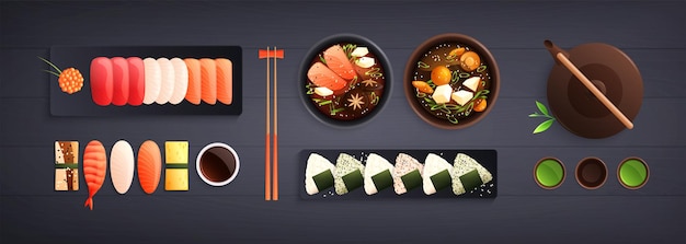Flache Zusammensetzung der traditionellen japanischen Lebensmittelküche mit horizontaler Ansicht