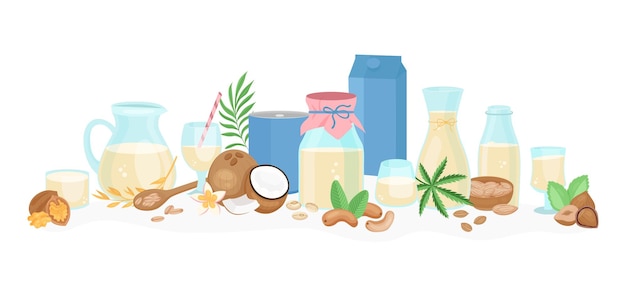 Kostenloser Vektor flache zusammensetzung der veganen milch mit nüssen und blättern zwischen gläsern und paketen von kornmilchvektorillustration