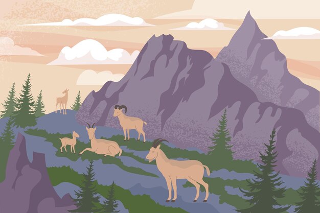 Flache Zusammensetzung der wild lebenden Berge mit Hochlandlandschaft im Freien und einer Gruppe von Ziegen vor Klippenillustration