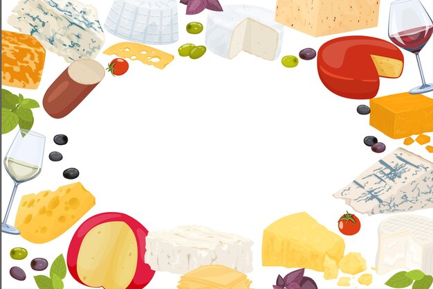 Flache Zusammensetzung des Käses oder Rahmen ganze Käseköpfe und geschnittene Weinoliven und Tomatenvektorillustration