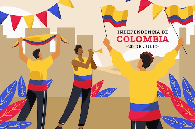 Kostenloser Vektor flacher 20 de julio-hintergrund mit menschen, die kolumbianische flaggen halten