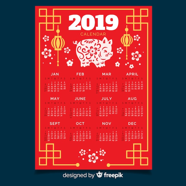 Kostenloser Vektor flacher chinesischer kalender für das neue jahr 2019