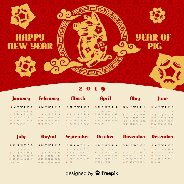 Flacher chinesischer kalender für das neue jahr 2019