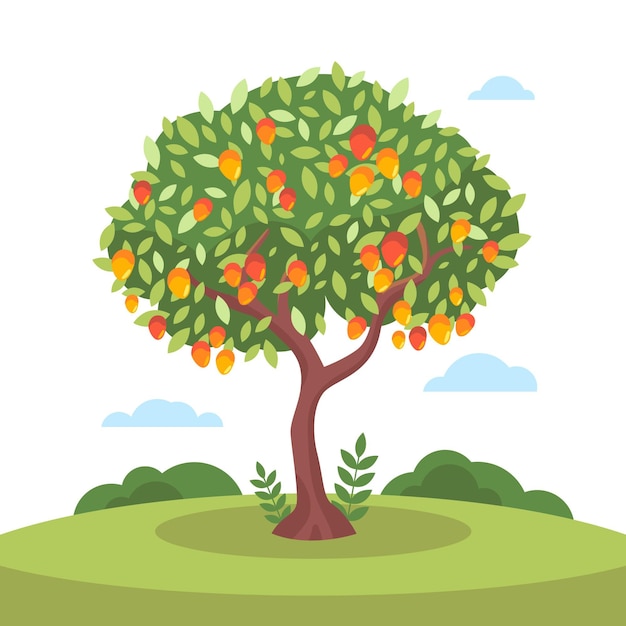 Kostenloser Vektor flacher design-mangobaum mit früchten und blättern