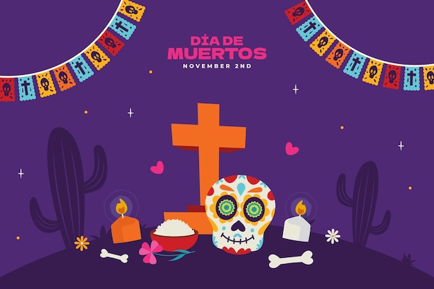 Kostenloser Vektor flacher dia de muertos-feierhintergrund