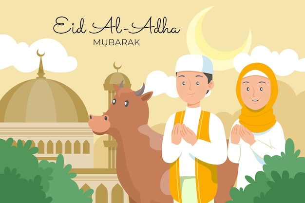 Flacher eid al-adha-hintergrund mit betenden menschen und kuh