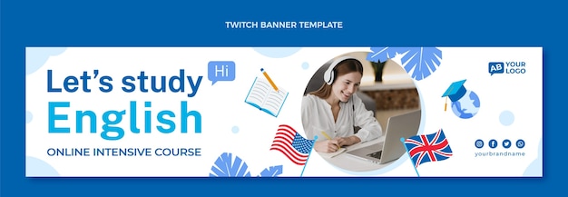 Kostenloser Vektor flacher englischunterricht twitch banner