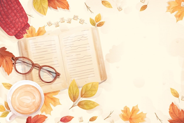 Flacher Entwurf herbstlicher Hintergrund mit Buch und Brille