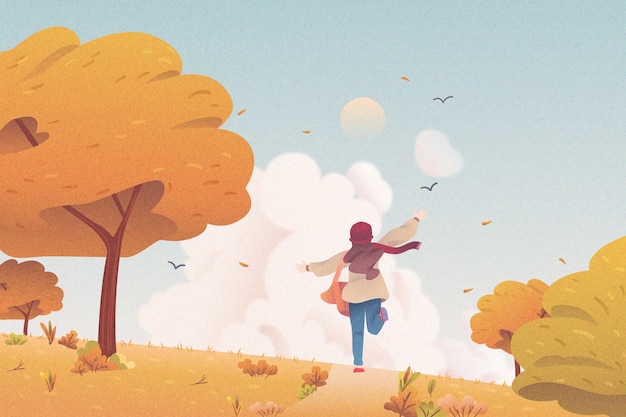 Flacher Entwurf herbstlicher Hintergrund mit laufendem Kind