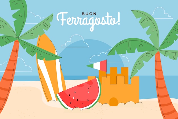 Kostenloser Vektor flacher ferragosto-hintergrund mit strand und wassermelone