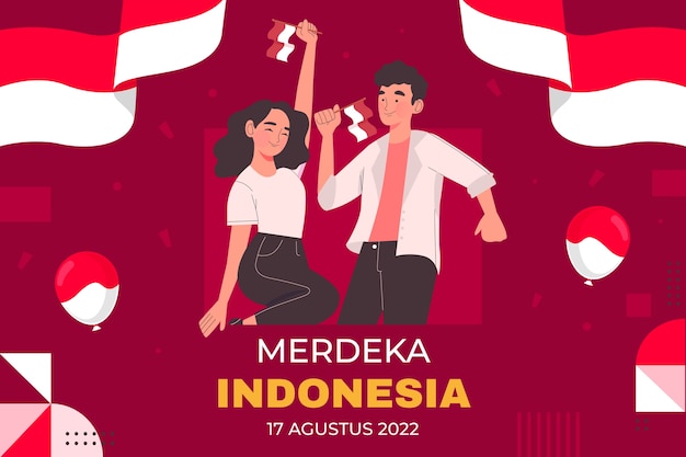 Flacher hintergrund des indonesischen unabhängigkeitstages mit tanzenden und haltenden flaggen