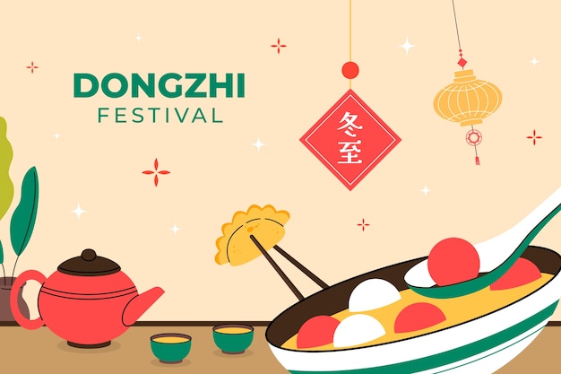 Flacher hintergrund für das chinesische dongzhi-fest mit schüssel tang yuan und teekanne