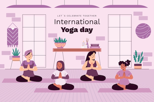 Kostenloser Vektor flacher hintergrund für die feier des internationalen yoga-tages