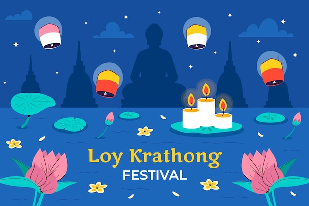 Kostenloser Vektor flacher hintergrund für die feier des thailändischen loy-krathong-festes