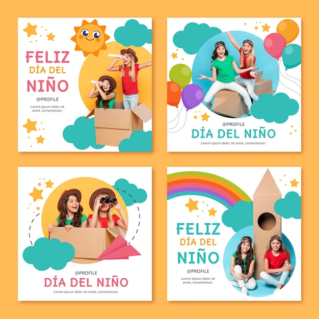 Flacher kindertag in der spanischen instagram-beitragssammlung