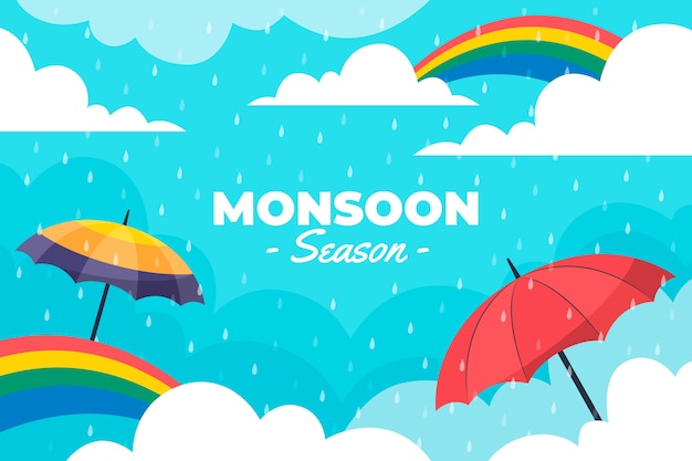 Flacher Monsunzeithintergrund mit Regenbogen und Regenschirmen