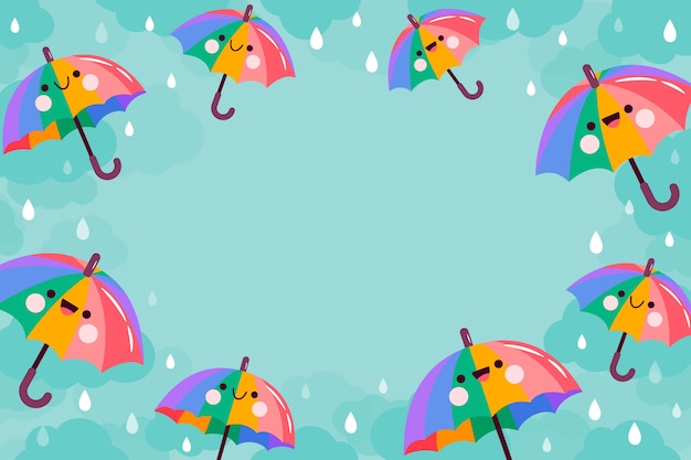 Kostenloser Vektor flacher monsunzeithintergrund mit regenbogenregenschirmen