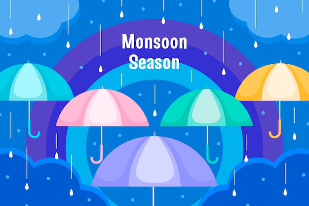 Kostenloser Vektor flacher monsunzeithintergrund mit regenschirmen