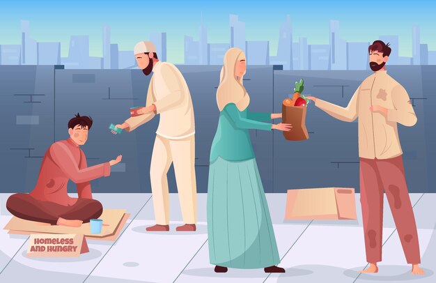 Flacher Ramadan-Wohltätigkeitshintergrund mit muslimischen Menschen, die hungrigen und obdachlosen Illustrationen Geld und Essen geben