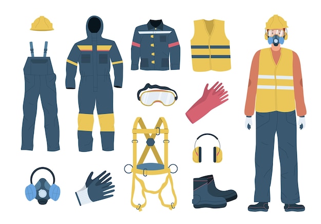 Flacher Satz farbiger persönlicher Schutzausrüstung und männlicher Arbeiter mit Weste, Helm, Atemschutzbrille, isolierte Vektorillustration