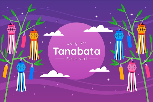 Flacher Tanabata-Hintergrund mit Dekorationen auf Bambus