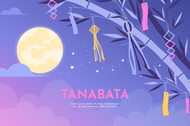 Flacher Tanabata-Hintergrund mit Ornamenten und Vollmond