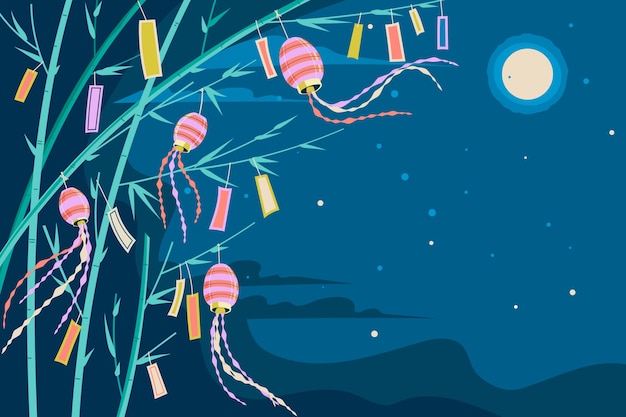 Kostenloser Vektor flacher tanabata-hintergrund mit ornamenten