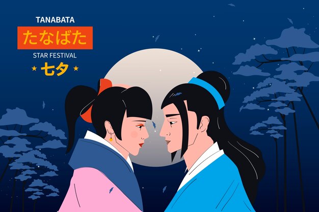 Flacher Tanabata-Hintergrund mit Paar und Vollmond