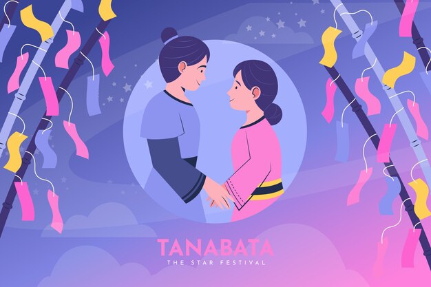 Flacher Tanabata-Hintergrund mit Paarhändchenhalten
