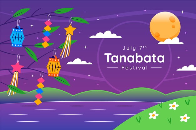 Flacher Tanabata-Hintergrund mit See und Vollmond
