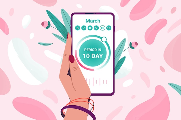 Kostenloser Vektor flacher tracker der menstruationszeit im kalender frau hält das handy in der hand, um die menstruationszyklen zu verfolgen mädchen überwacht den eisprung oder die schwangerschaftszeit, indem sie die app auf dem smartphone-bildschirm verfolgt