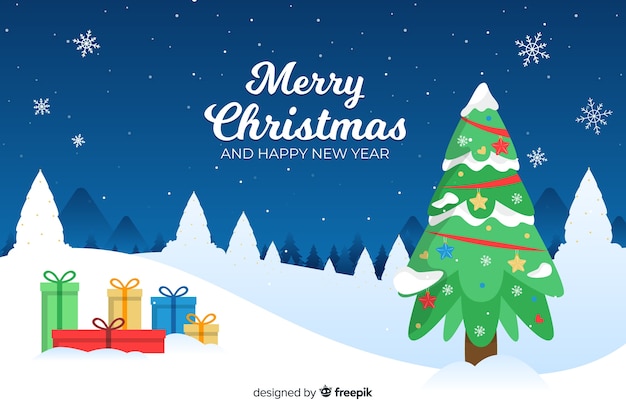 Flacher Weihnachtshintergrund mit Baum und Geschenken