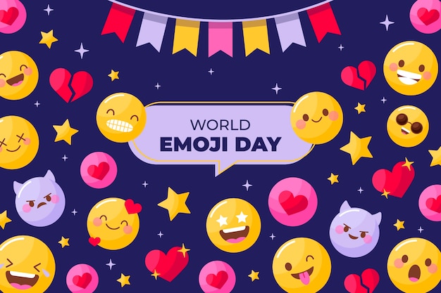 Flacher Welt-Emoji-Tageshintergrund mit Emoticons