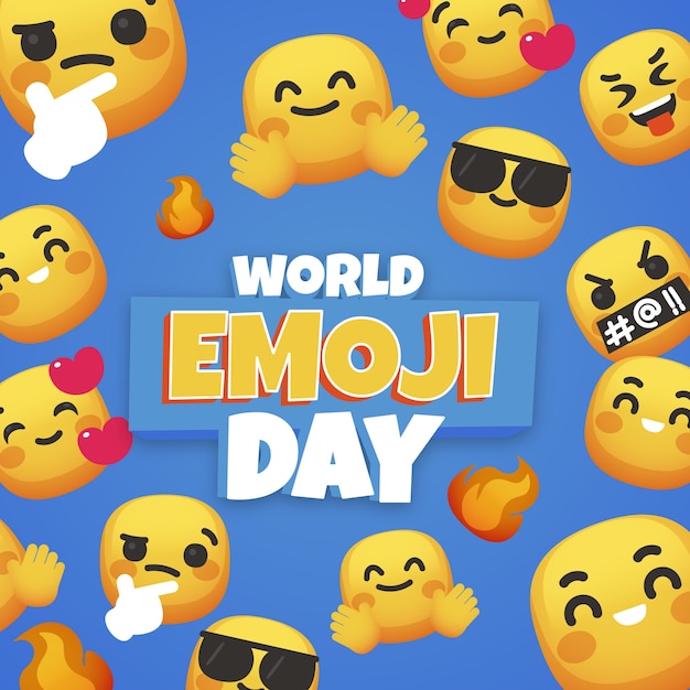 Flacher Welt-Emoji-Tageshintergrund mit Emoticons