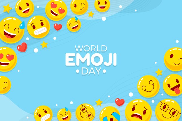 Flacher Welt-Emoji-Tageshintergrund mit Emoticons