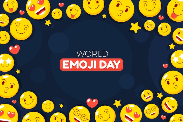Flacher Welt-Emoji-Tageshintergrund mit Emoticons