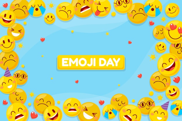 Flacher Welt-Emoji-Tageshintergrund mit Emoticons