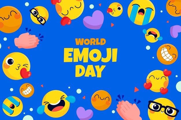 Flacher Welt-Emoji-Tageshintergrund mit Emoticons