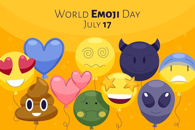 Flacher Welt-Emoji-Tageshintergrund mit Emoticons