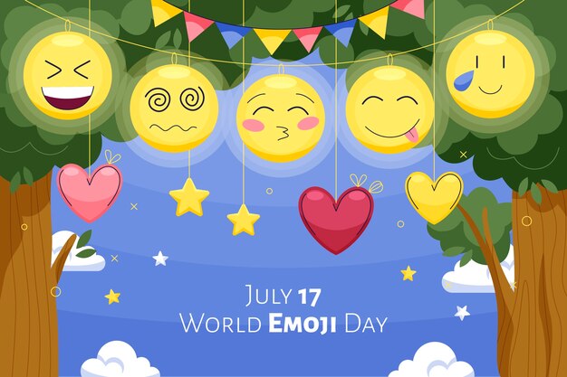 Flacher Welt-Emoji-Tageshintergrund mit Emoticons