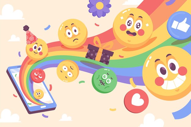 Flacher Welt-Emoji-Tageshintergrund mit Emoticons