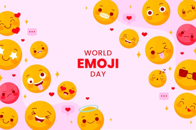 Flacher Welt-Emoji-Tageshintergrund mit Emoticons