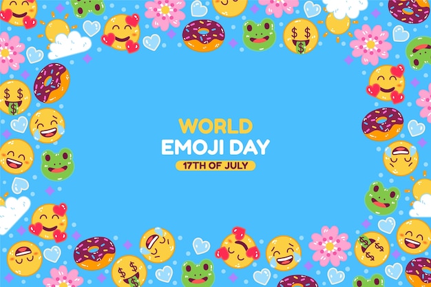 Flacher Welt-Emoji-Tageshintergrund mit Emoticons