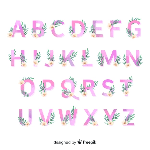 Flaches Alphabet mit Blumen und Blättern