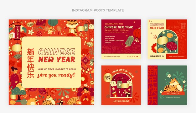 Kostenloser Vektor flaches chinesisches neujahr instagram posts sammlung