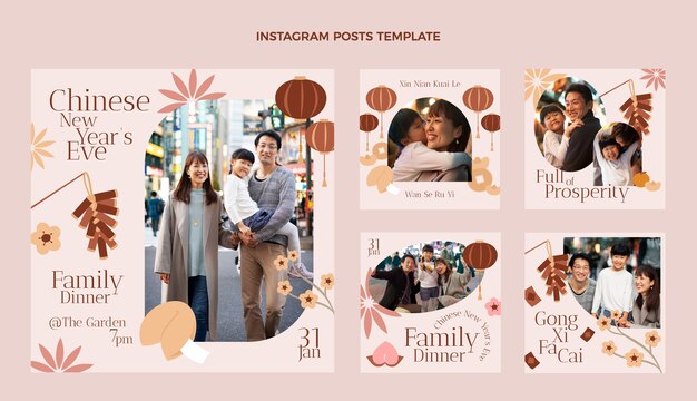 Kostenloser Vektor flaches chinesisches neujahr instagram posts sammlung