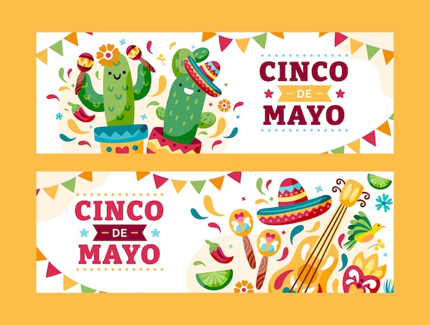 Kostenloser Vektor flaches cinco de mayo-paket mit horizontalen bannern